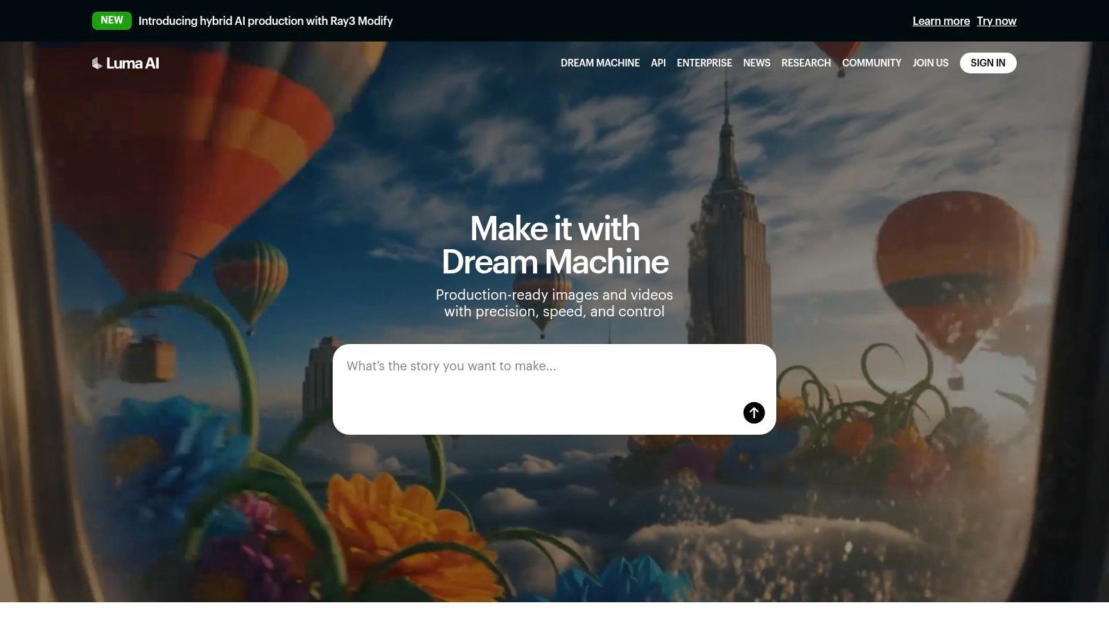 Luma AI (Dream Machine) interface showing various AI-generated video clips.