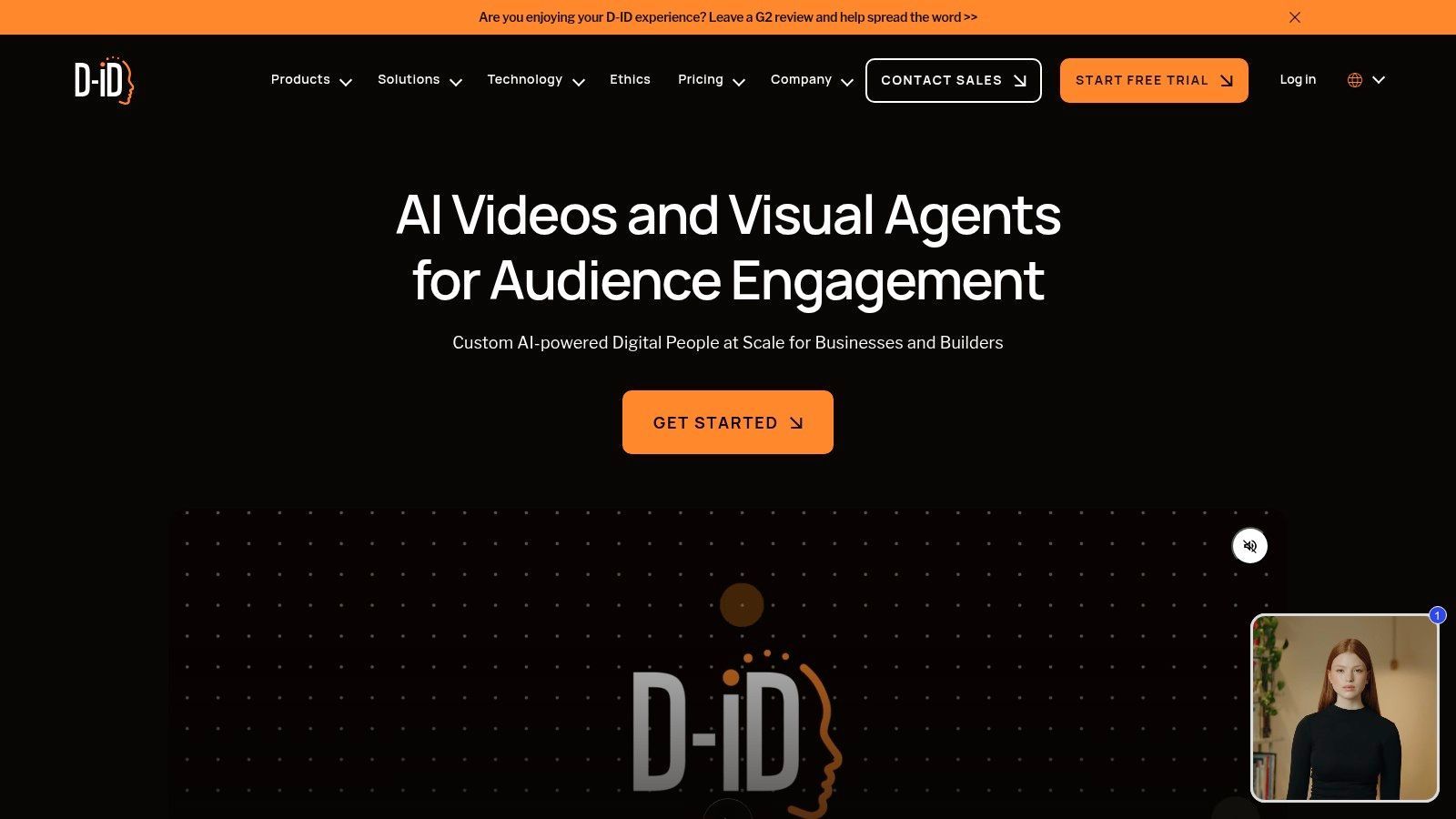 D‑ID AI video generation interface showing a digital avatar and text-to-speech options.