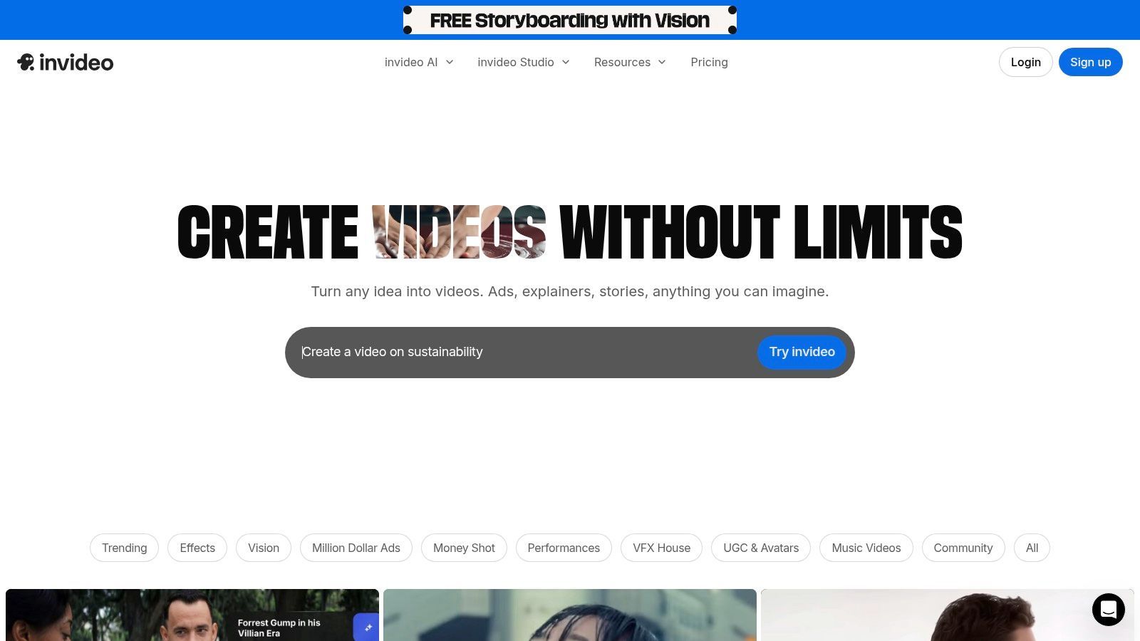 InVideo AI workflow interface showing script and media selection options.