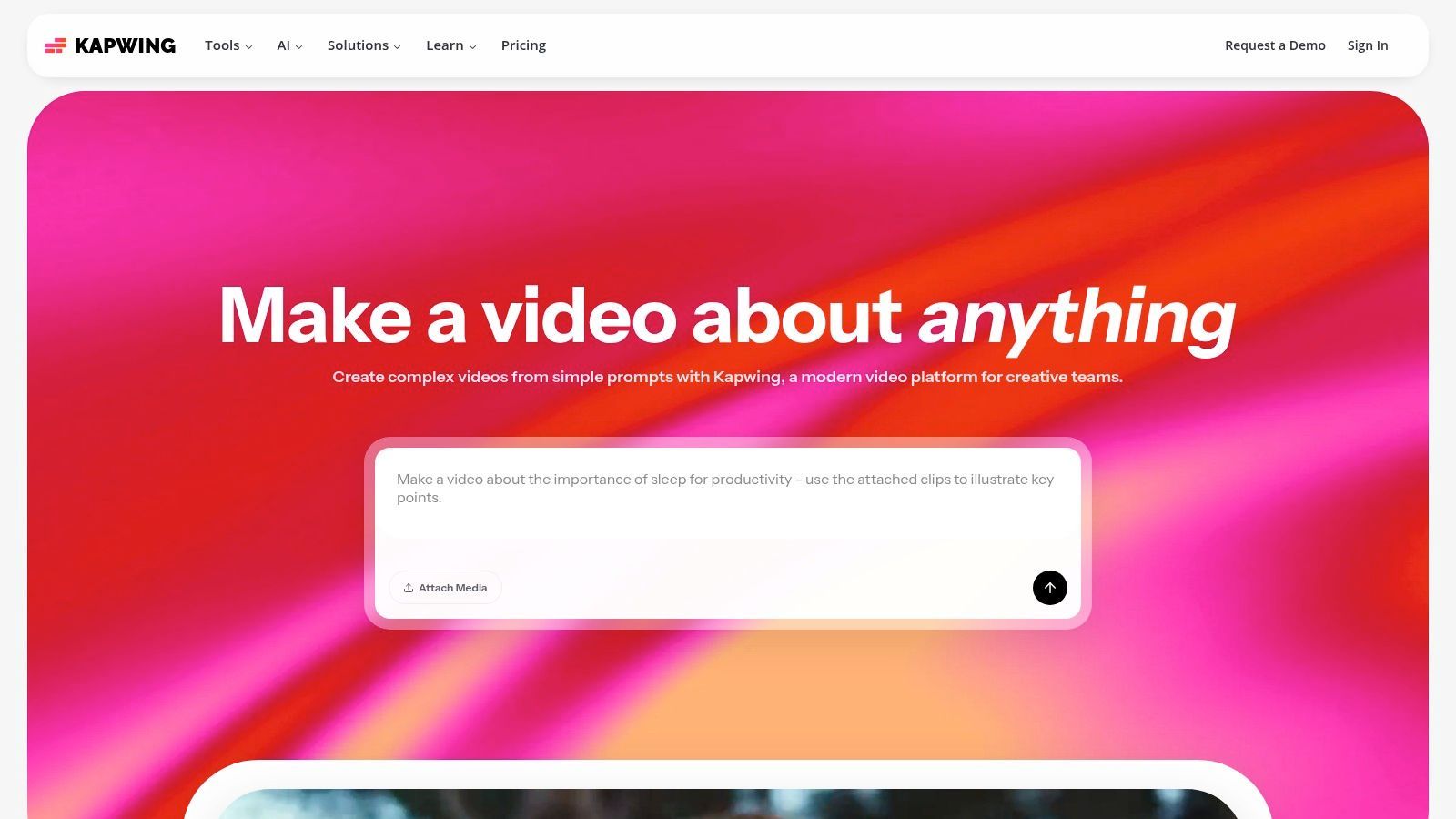 Kapwing AI video generation tools showing various options for creating and editing video.