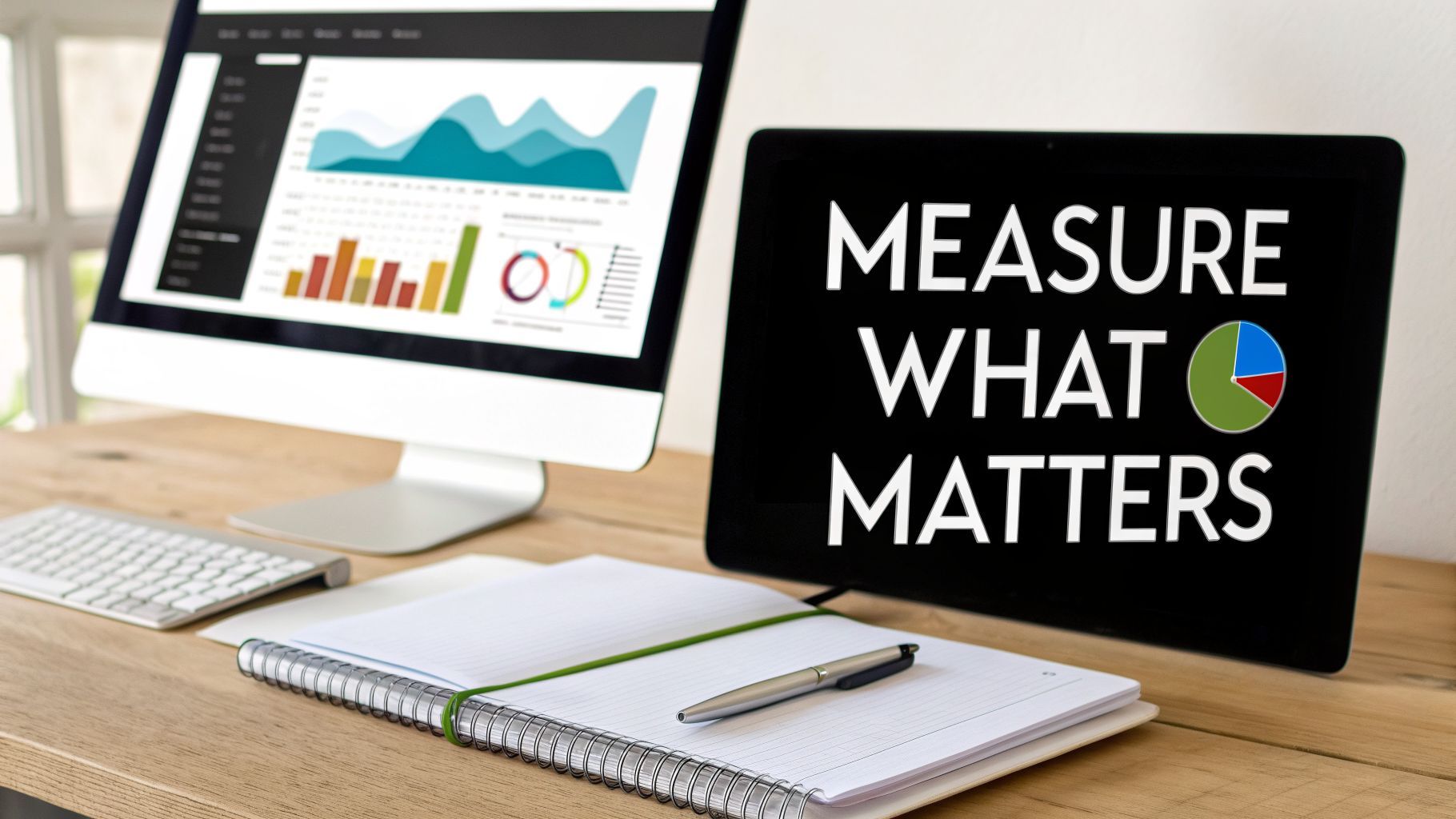 Meja kerja dengan komputer menampilkan analitik data, tablet menampilkan "MEASURE WHAT MATTERS," dan buku catatan.
