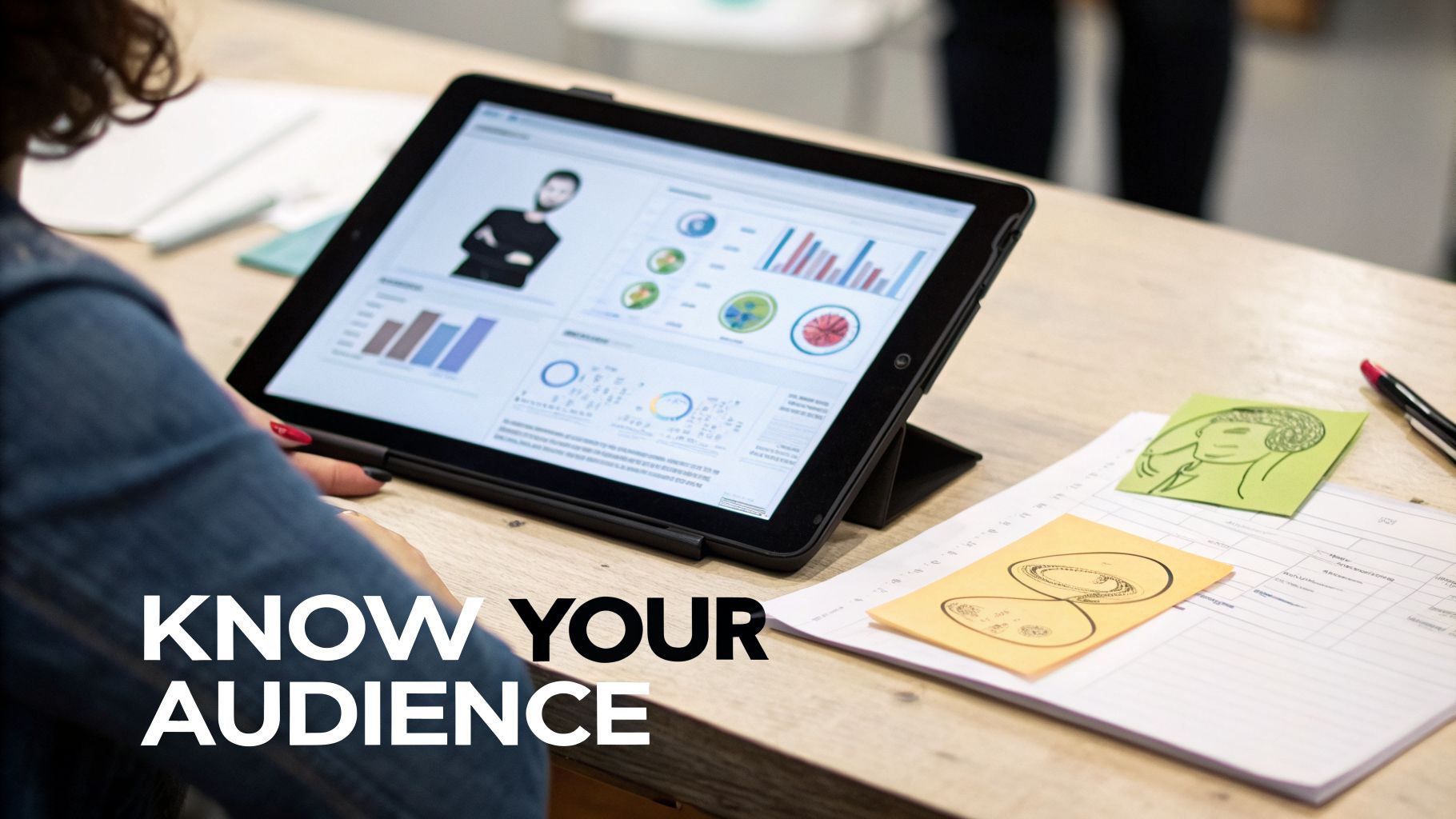 Seseorang melihat grafik data di tablet, merencanakan strategi pemasaran di meja kayu.
