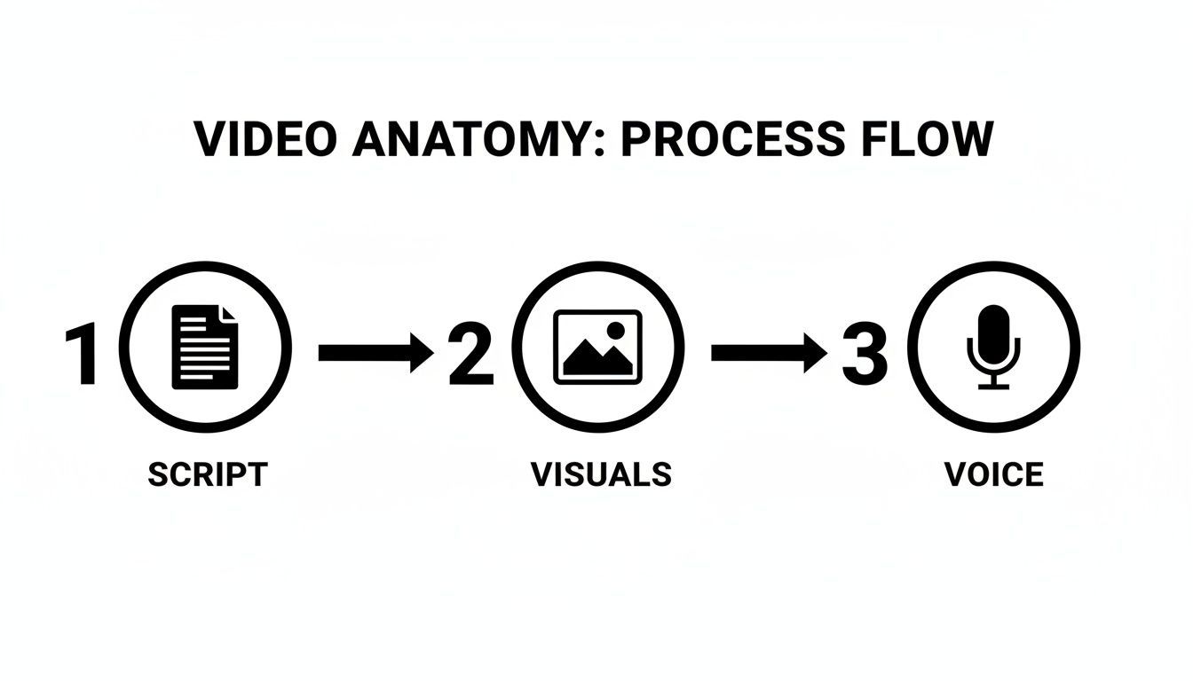 Processtroomdiagram met drie stappen voor video-anatomie: script, visuals en voice.