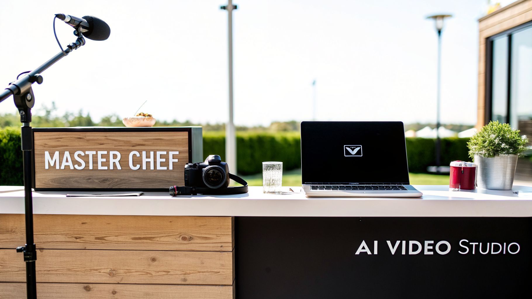 Buitenvideo-productieopstelling met Master Chef-bord, microfoon, camera, laptop en AI Video Studio.