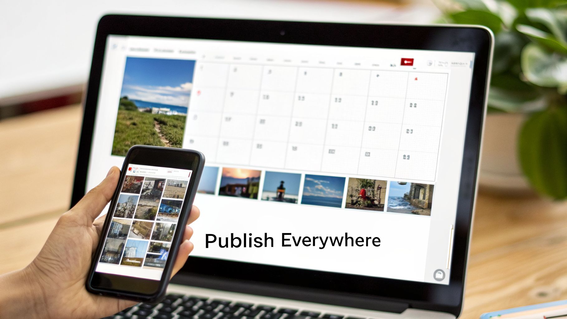 Een hand die een smartphone vasthoudt met een fotogalerij, met een laptop die een kalender en 'Publish Everywhere'-tekst toont.
