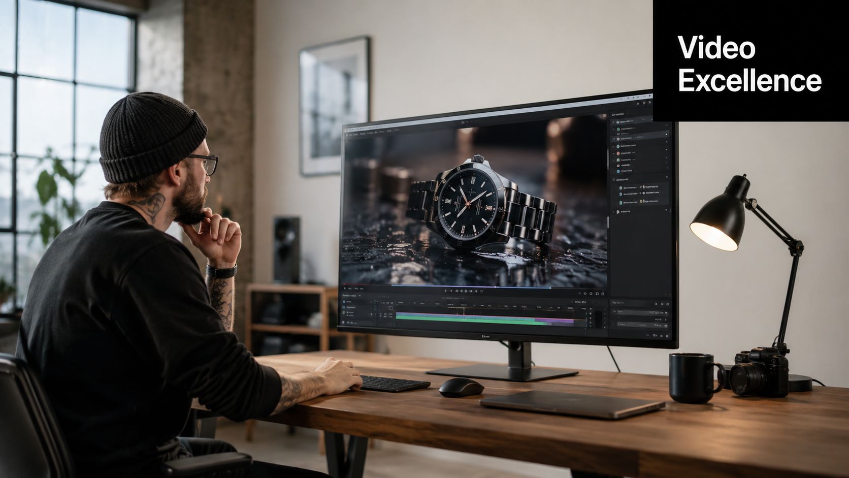 Un professional creatiu editant un vídeo de producte d'un rellotge de luxe en un gran monitor d'ordinador d'escriptori.