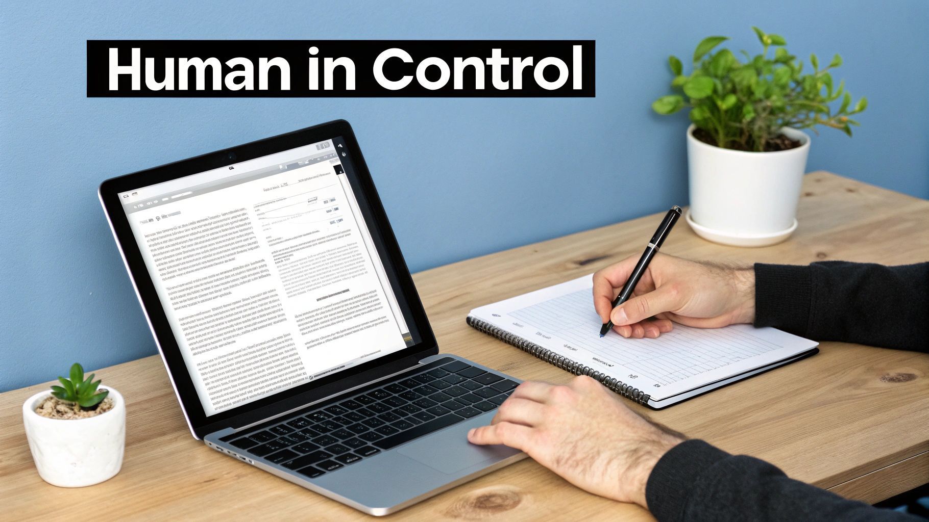 شخص يعمل على حاسوب محمول ويكتب في دفتر على مكتب خشبي، مع نص 'Human in Control'.