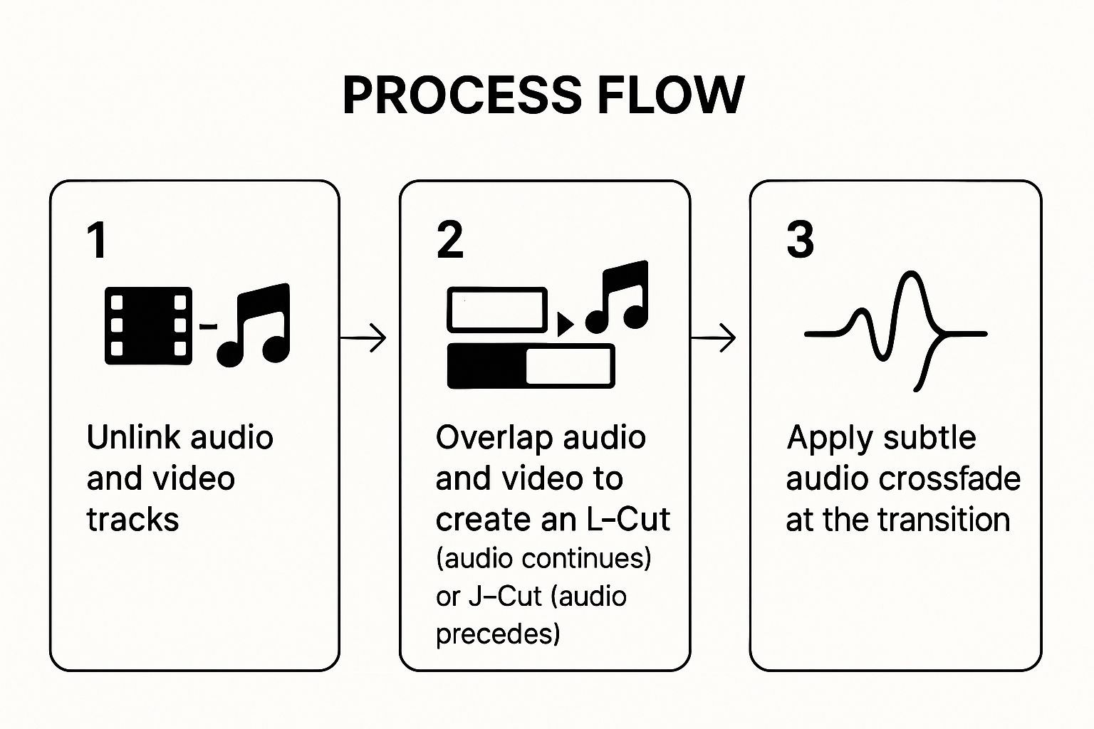 Infografika ukazující klíčová data o Použití J-Cuts a L-Cuts pro profesionální přechody