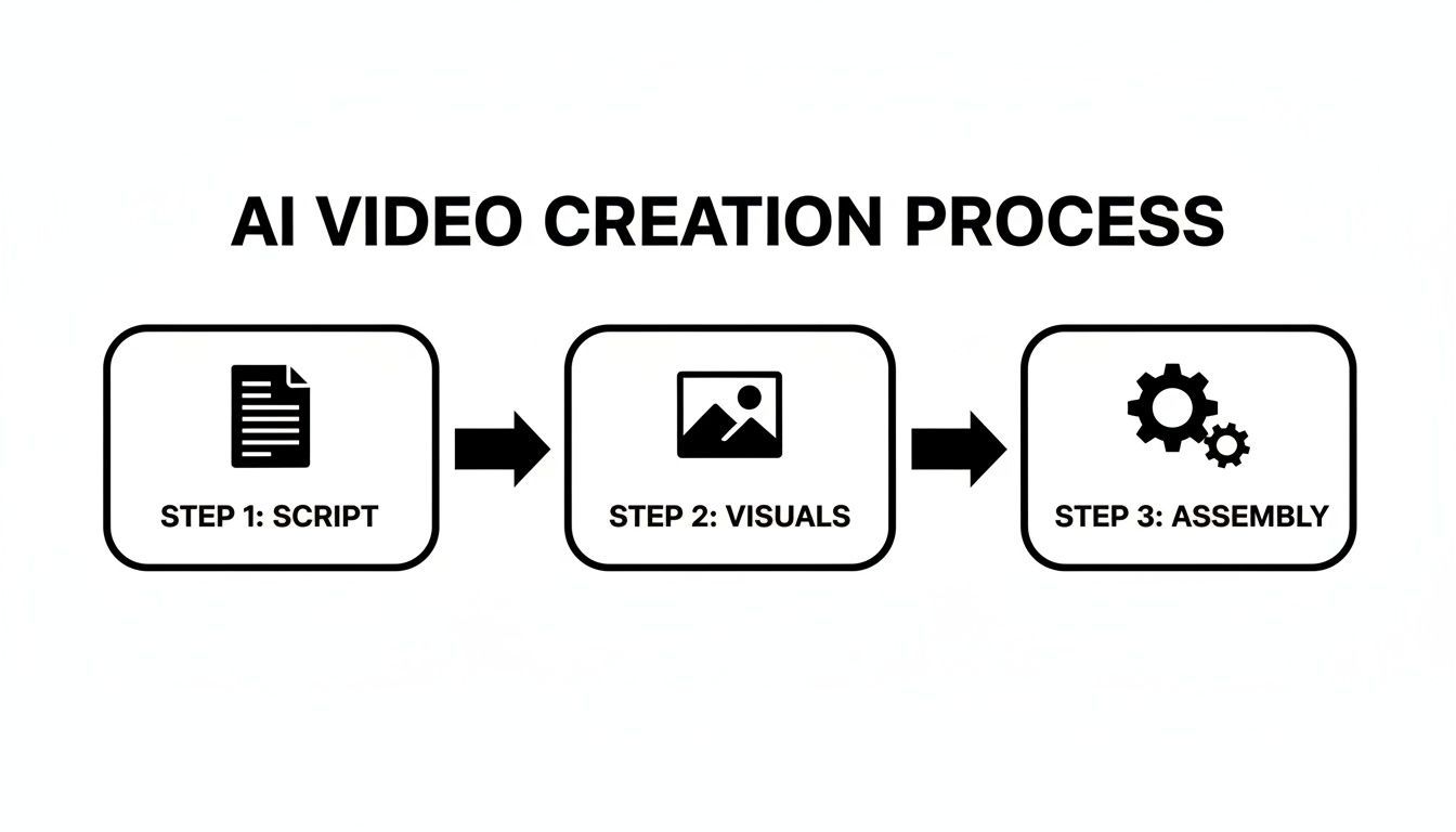 फ्लोचार्ट जो AI वीडियो क्रिएशन प्रोसेस को तीन स्टेप्स में दिखाता है: स्क्रिप्ट, विजुअल्स और असेंबली।