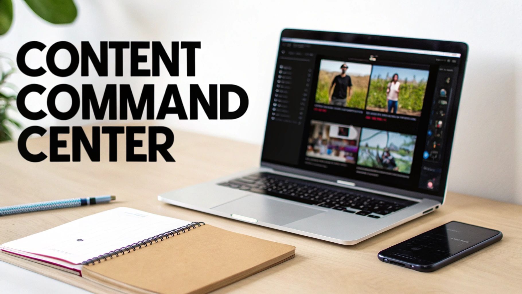 लकड़ी की मेज पर एक लैपटॉप जो वीडियो एडिटिंग सॉफ्टवेयर दिखा रहा है, जिसमें नोटबुक, पेन और स्मार्टफोन है।