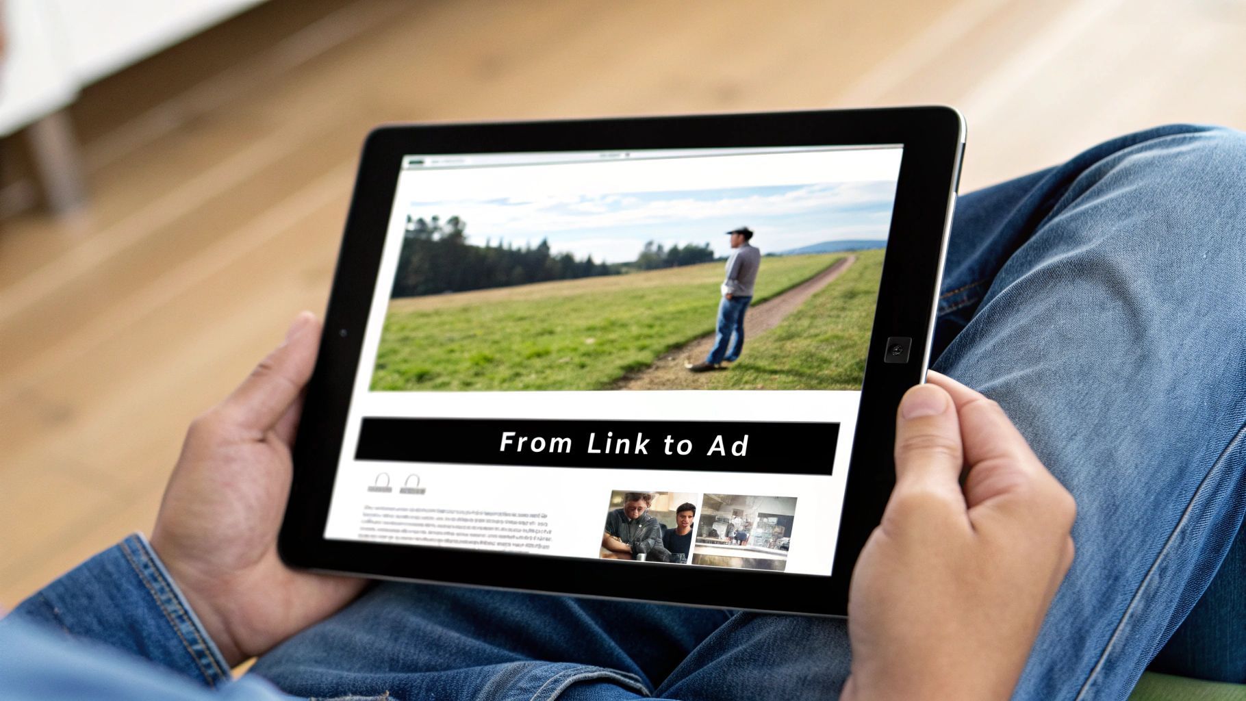 Una persona aguanta una tauleta que mostra una pàgina web titulada 'From Link to Ad' amb una imatge escènica a l'aire lliure.