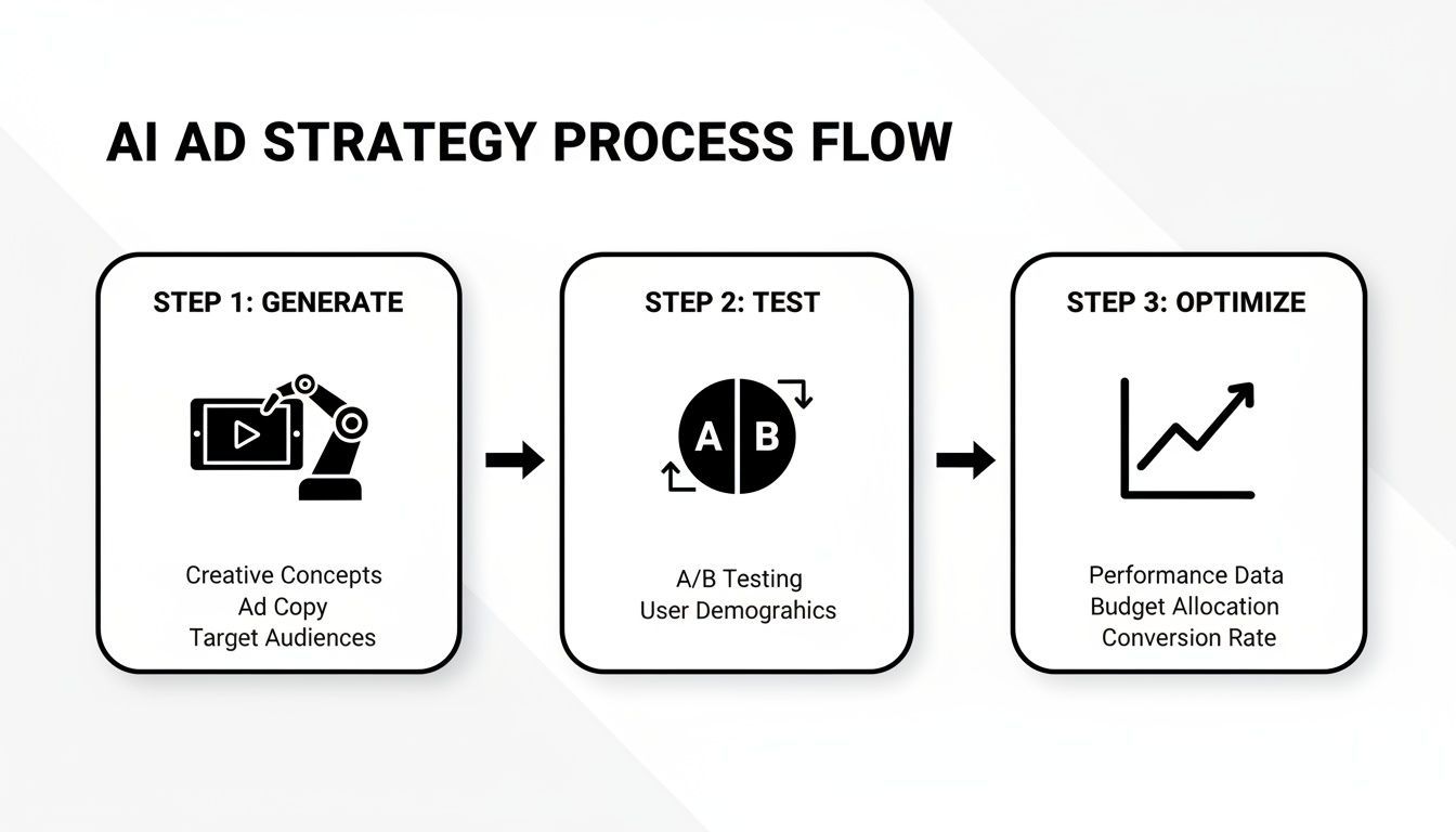 Un flux de procés d'estratègia d'anuncis amb IA que mostra tres passos: generar, provar i optimitzar per a campanyes de màrqueting.