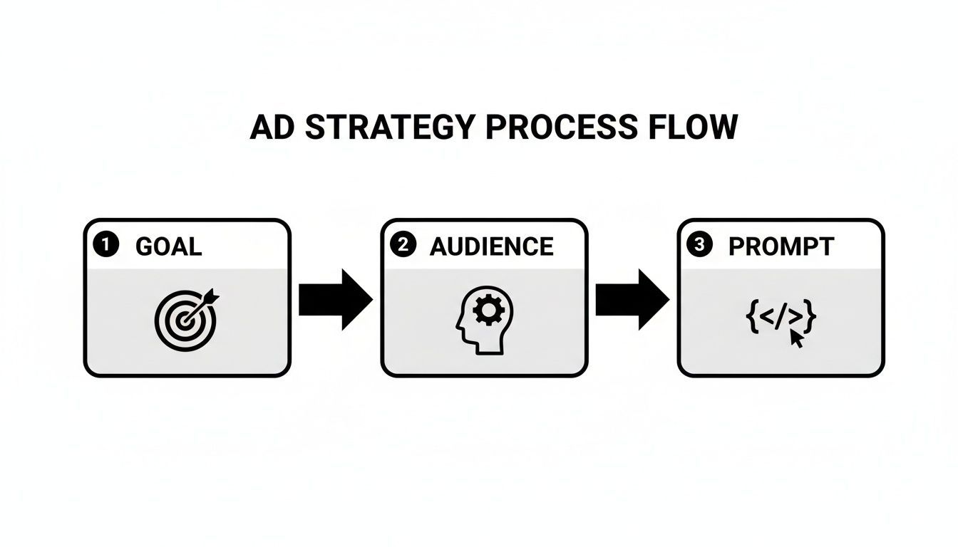 Een strategische flowchart voor ad-generatie, die stappen illustreert: Doel, Doelgroep en Prompt voor AI.
