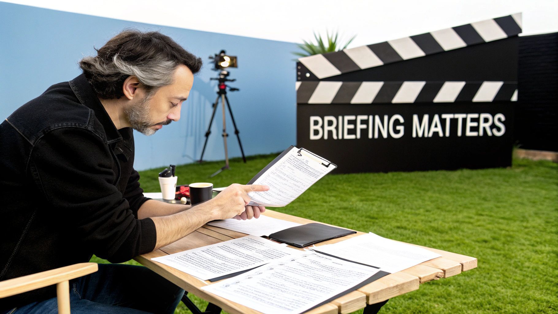 Een man met een baard bekijkt documenten aan een houten tafel, met een 'BRIEFING MATTERS' klapperbord.