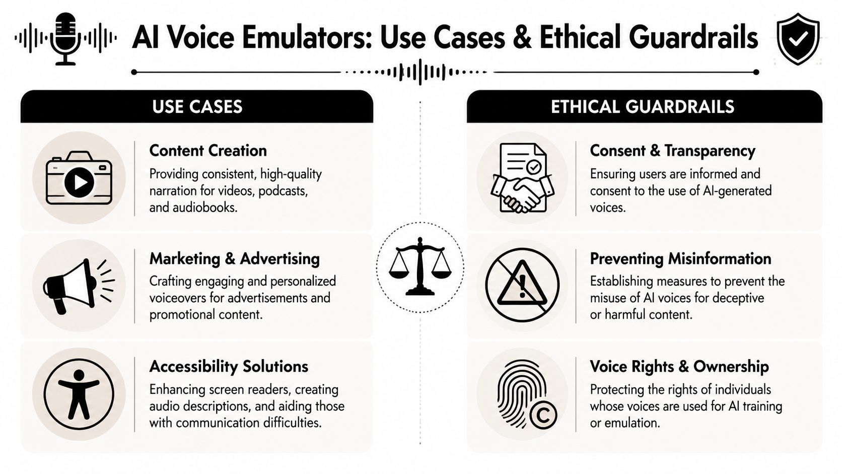 ’n Infografika getitel AI Voice Emulators wat verskeie gebruikssituasies en etiese waaksaamhede vir stemtegnologie illustreer.
