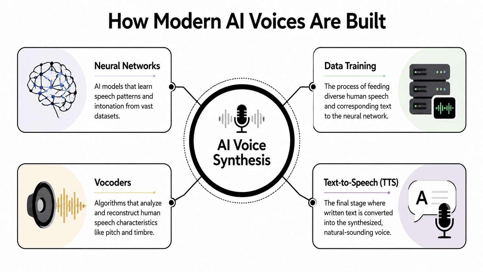’n Diagram wat die vier sleutelkomponente vir die bou van moderne KI-stemme illustreer: neural networks, data training, vocoders, en text-to-speech.