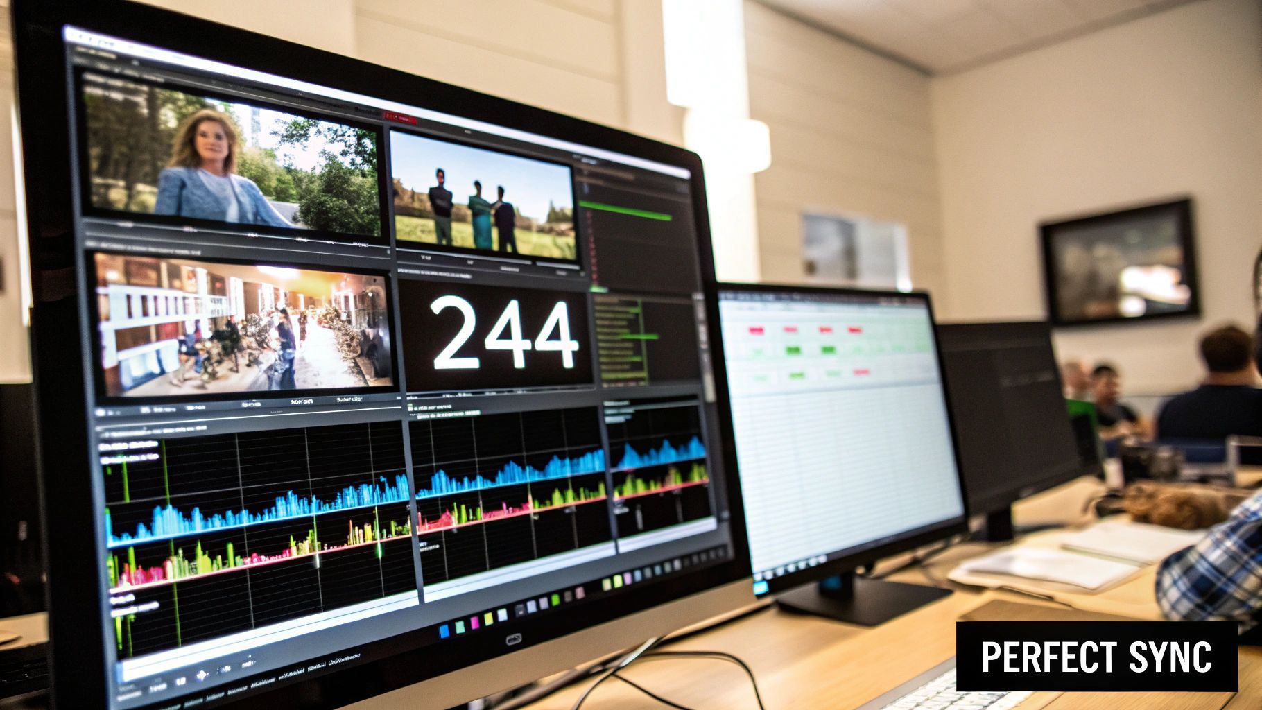 A workspace with several monitors displaying video streams, data graphs, and real-time information.