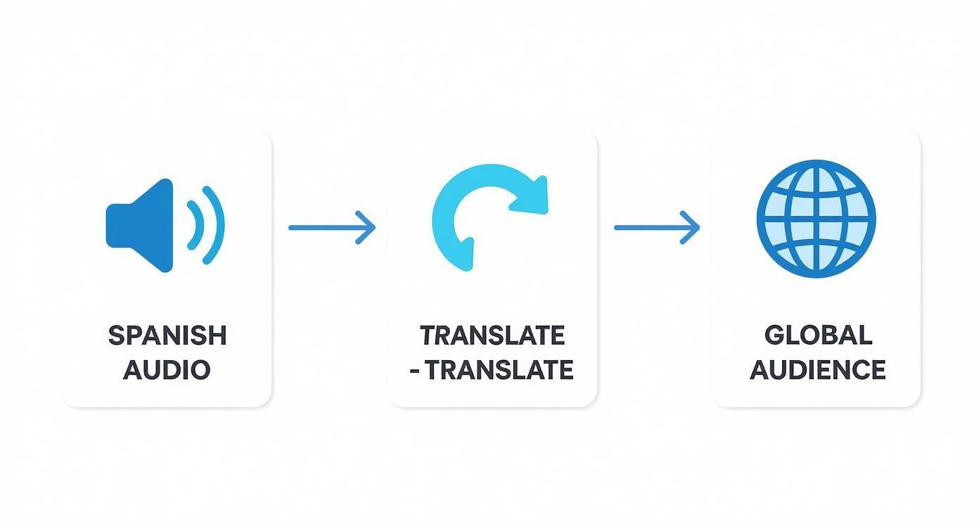A flowchart showing Spanish audio being translated for a global audience using a translation process.