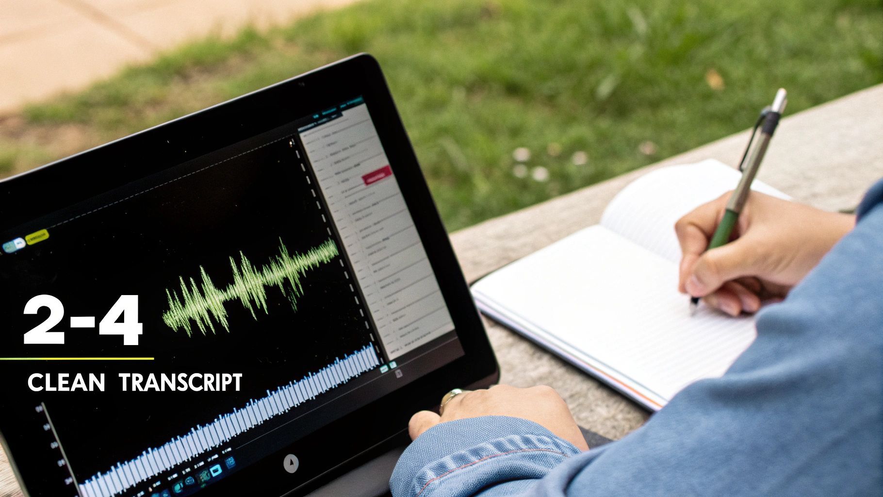 A person works outdoors on a laptop displaying an audio waveform, while also writing in a notebook.