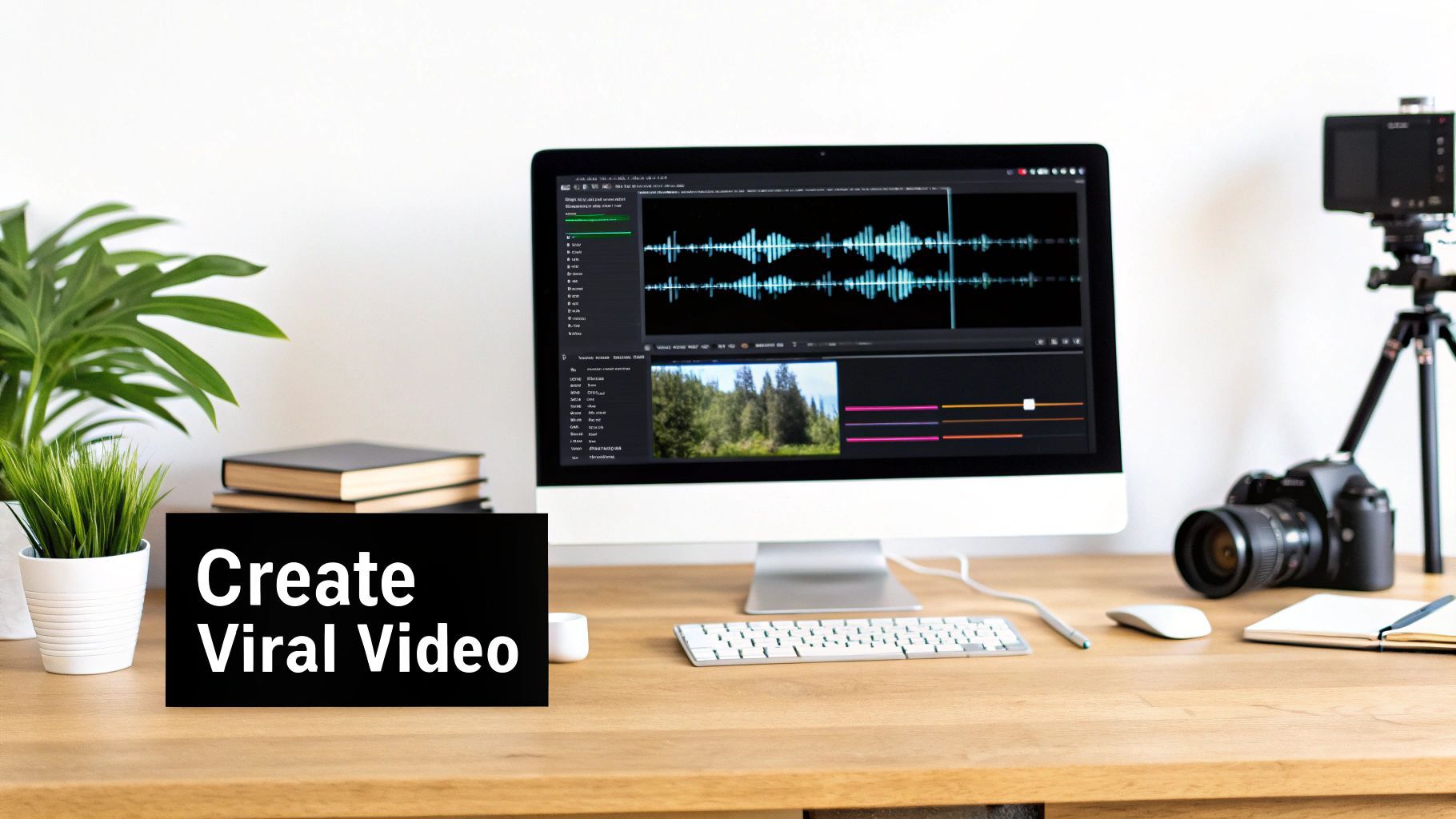 Վիդեո ստեղծման աշխատասեղան կոմպյուտերով խմագրական ծրագրով, տեսախցիկով և 'Create Viral Video' նշանով: