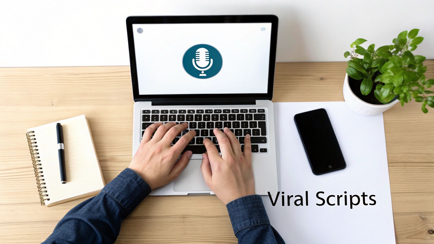 लैपटॉप पर टाइप करने वाले हाथों का ऊपर से शॉट, जिसमें माइक्रोफोन आइकन दिख रहा है, डेस्क पर नोटबुक और फोन के साथ।