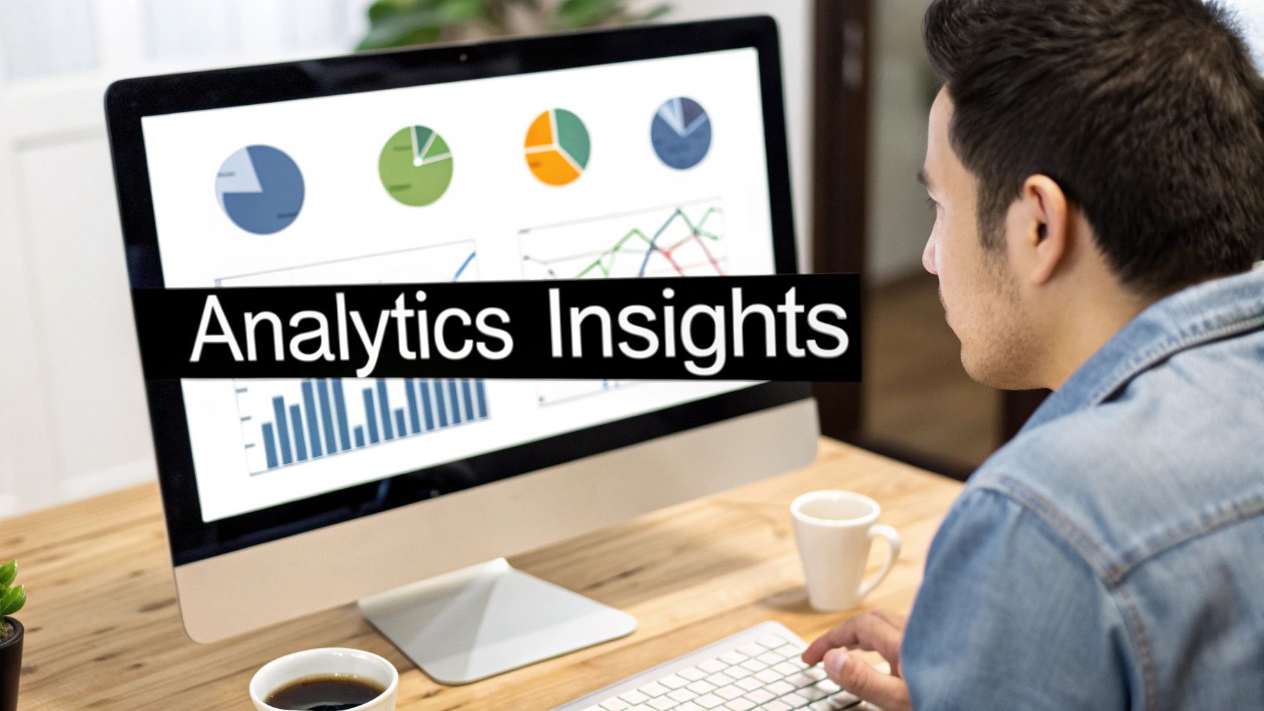 एक व्यक्ति कंप्यूटर स्क्रीन देख रहा है जिसमें 'Analytics Insights' दिख रहा है विभिन्न डेटा चार्ट्स और ग्राफ्स के साथ।