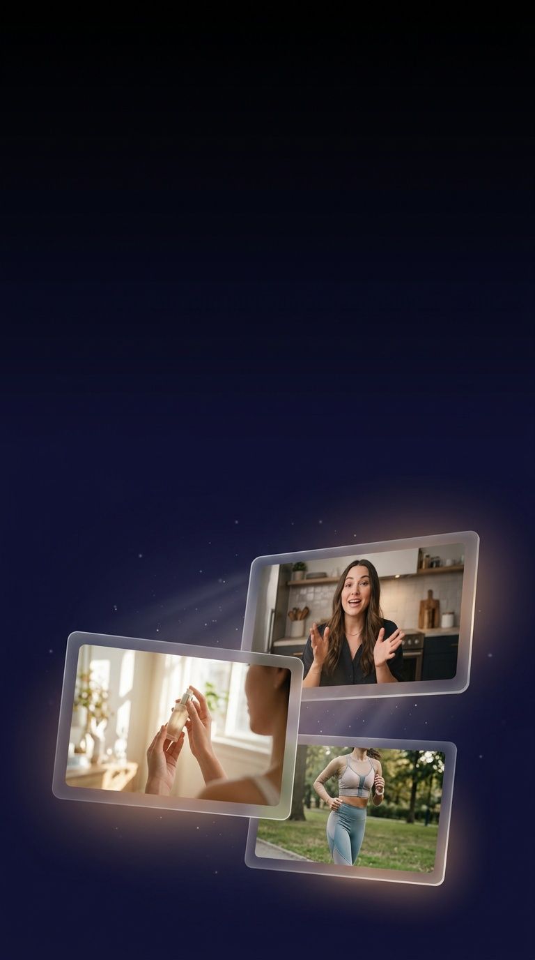 Targetes de reproductor de vídeo flotants que mostren variants d'anuncis UGC amb IA generades amb ShortGenius