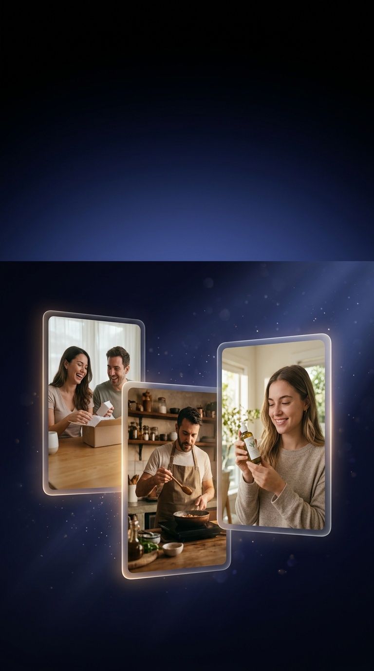 Targetes de reproductor de vídeo flotants que mostren creatius d’anuncis UGC generats amb IA de cap a cap amb ShortGenius