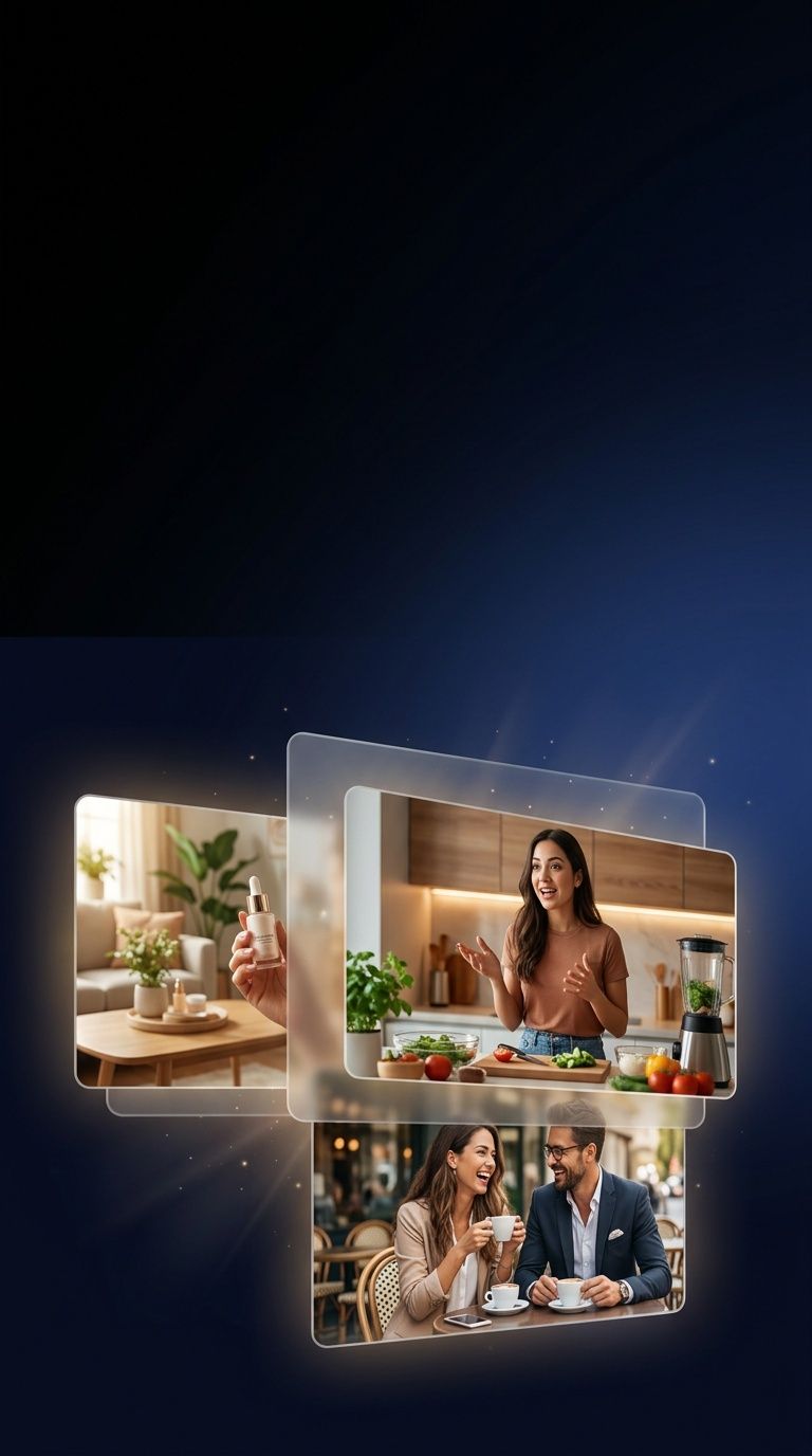 Pila de targetes de vista prèvia d'anuncis d'IA d'estil UGC generades per ShortGenius, contrastades amb un comptador de crèdits d'estil Creatify