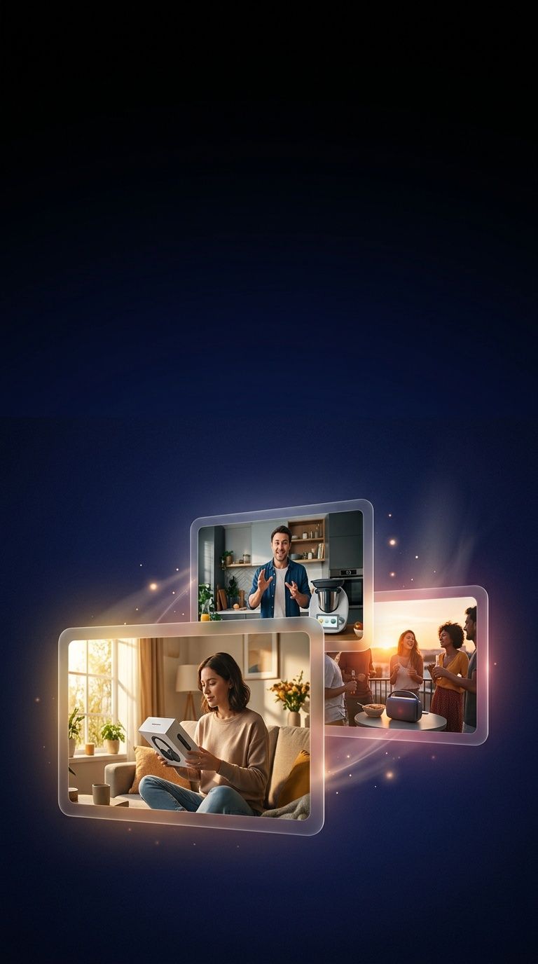 Targetes de reproductor de vídeo flotants que mostren previsionals d'anuncis IA d'estil UGC generats amb ShortGenius