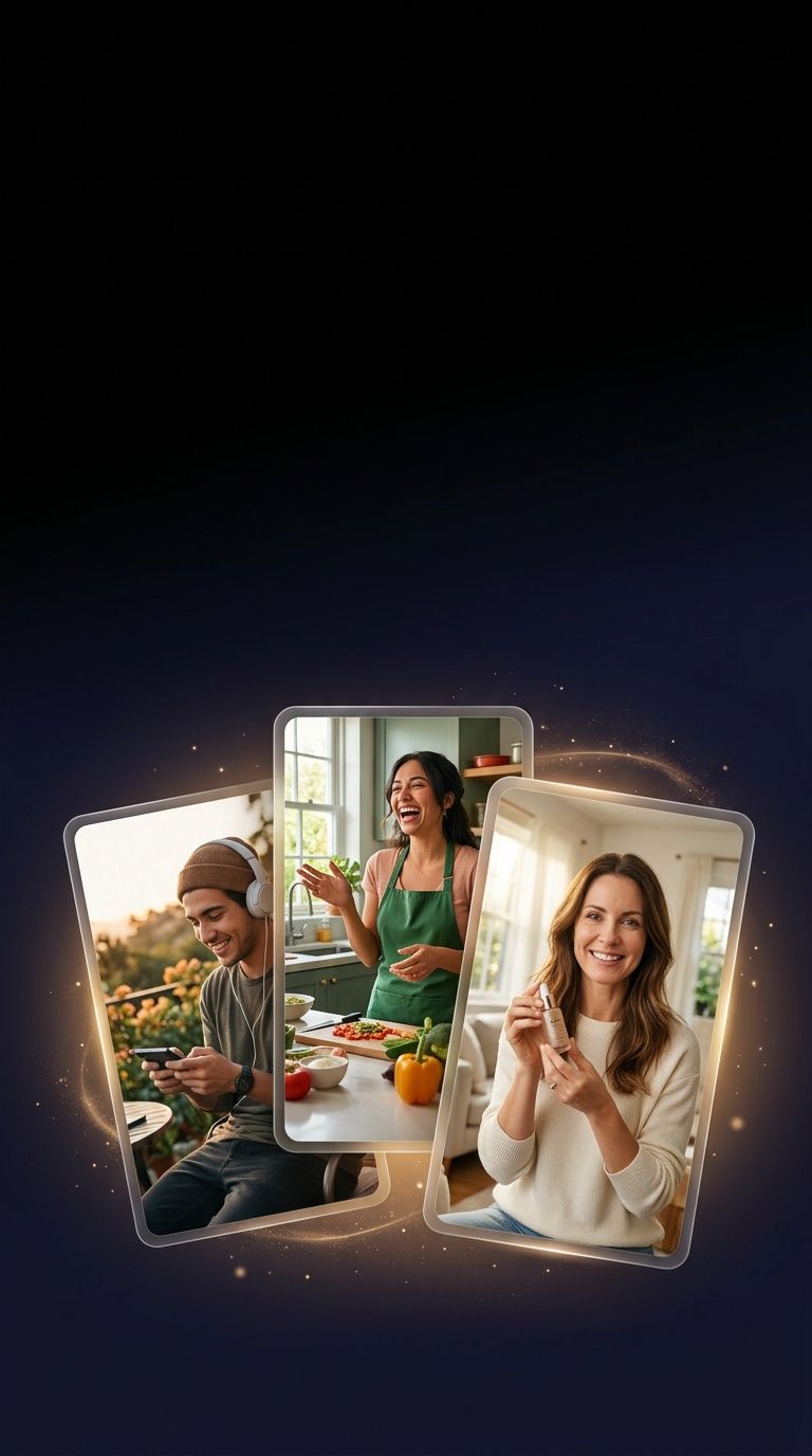 Targetes de reproductor de vídeo flotants mostrant vistes prèvies d'anuncis d'IA d'estil UGC generades amb ShortGenius