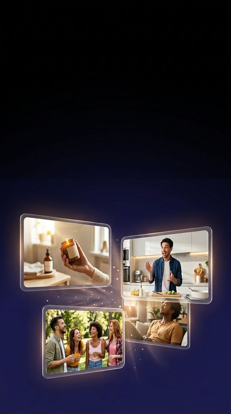 Targetes de reproductor de vídeo flotants que mostren previsionals d’anuncis d’IA d’estil UGC generats amb ShortGenius