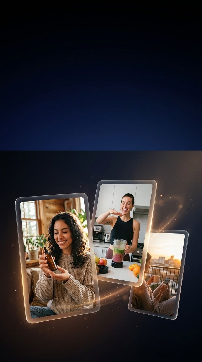 Targetes de reproductor de vídeo flotants que mostren vistes prèvies d'anuncis IA en estil UGC generades amb ShortGenius