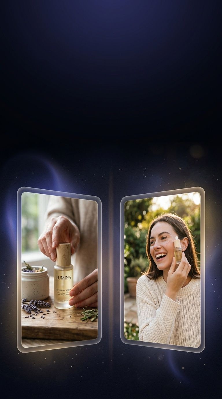 Composició dividida que mostra un creatiu publicitari de ShortGenius a un costat i un vídeo de formació d'avatar de HeyGen a l'altre