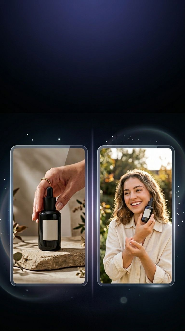 Pantalla dividida que mostra un anunci UGC emmarcat per a mòbil a l’esquerra i un avatar de formació corporativa il·luminat en estudi a la dreta