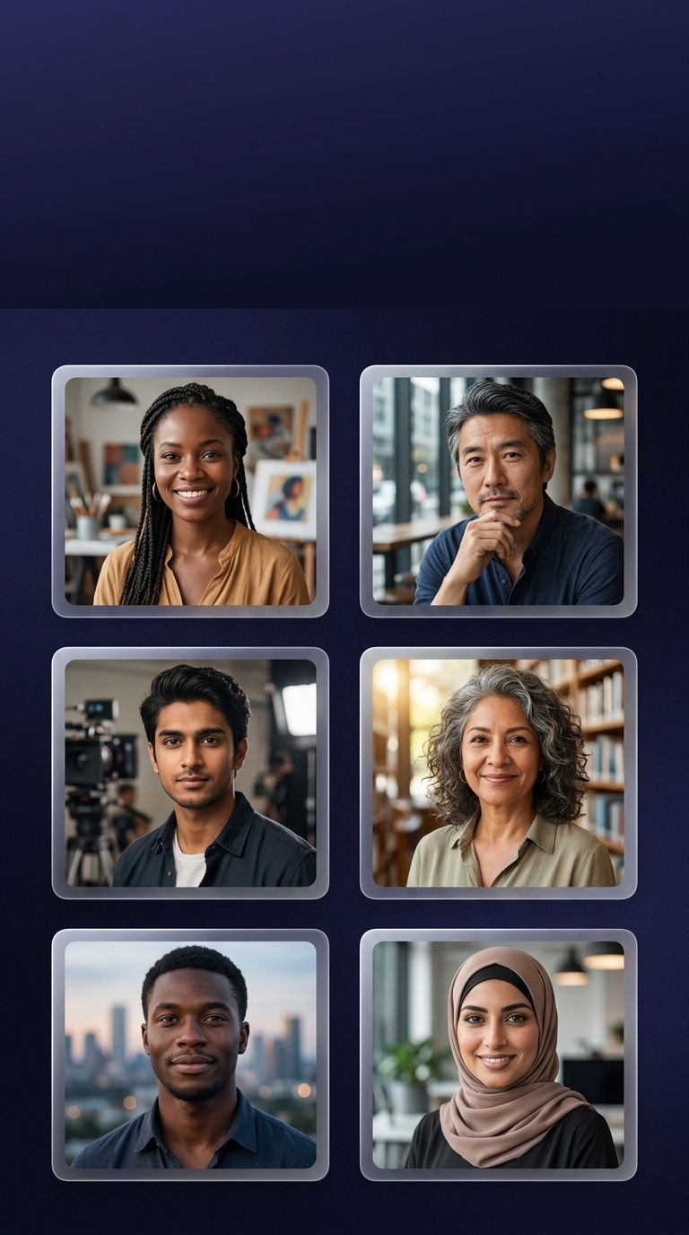 Una graella de portaveus generats per IA diversos entregant ganxos d'anuncis amb guió en vídeo vertical