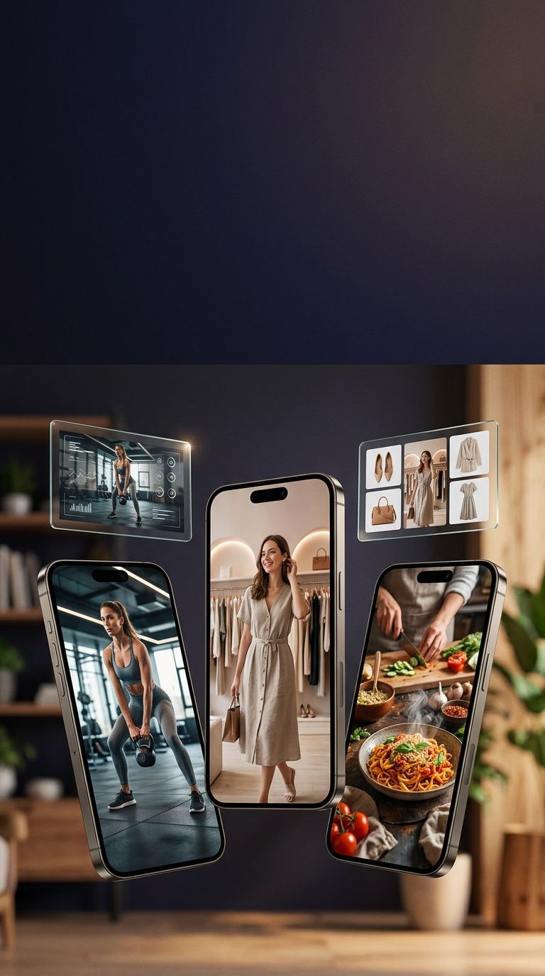 Pila de pantalles de smartphone verticals 9:16 mostrant vídeos generats amb IA per a TikTok, Reels i Shorts