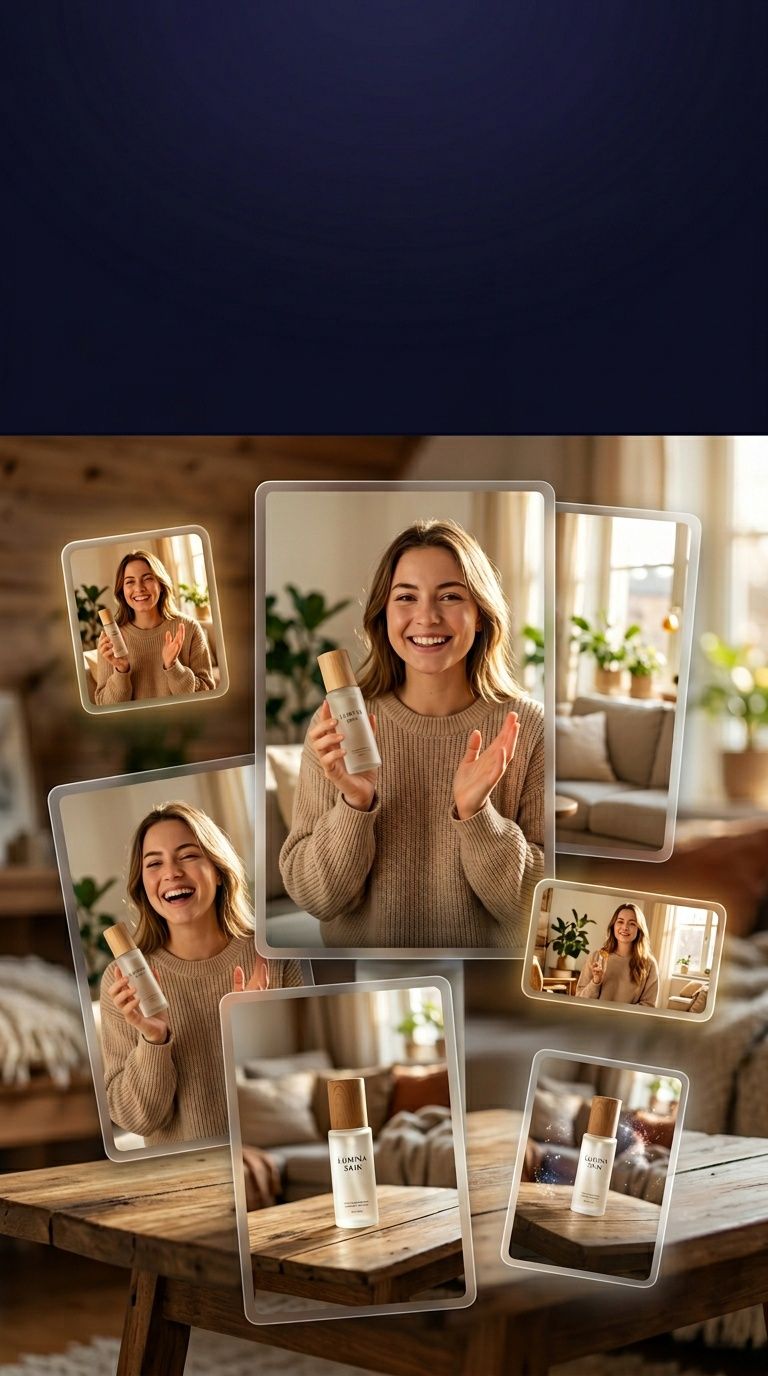 Targetes de smartphone flotants que previsualitzen anuncis de vídeo generats per IA renderitzats per ShortGenius