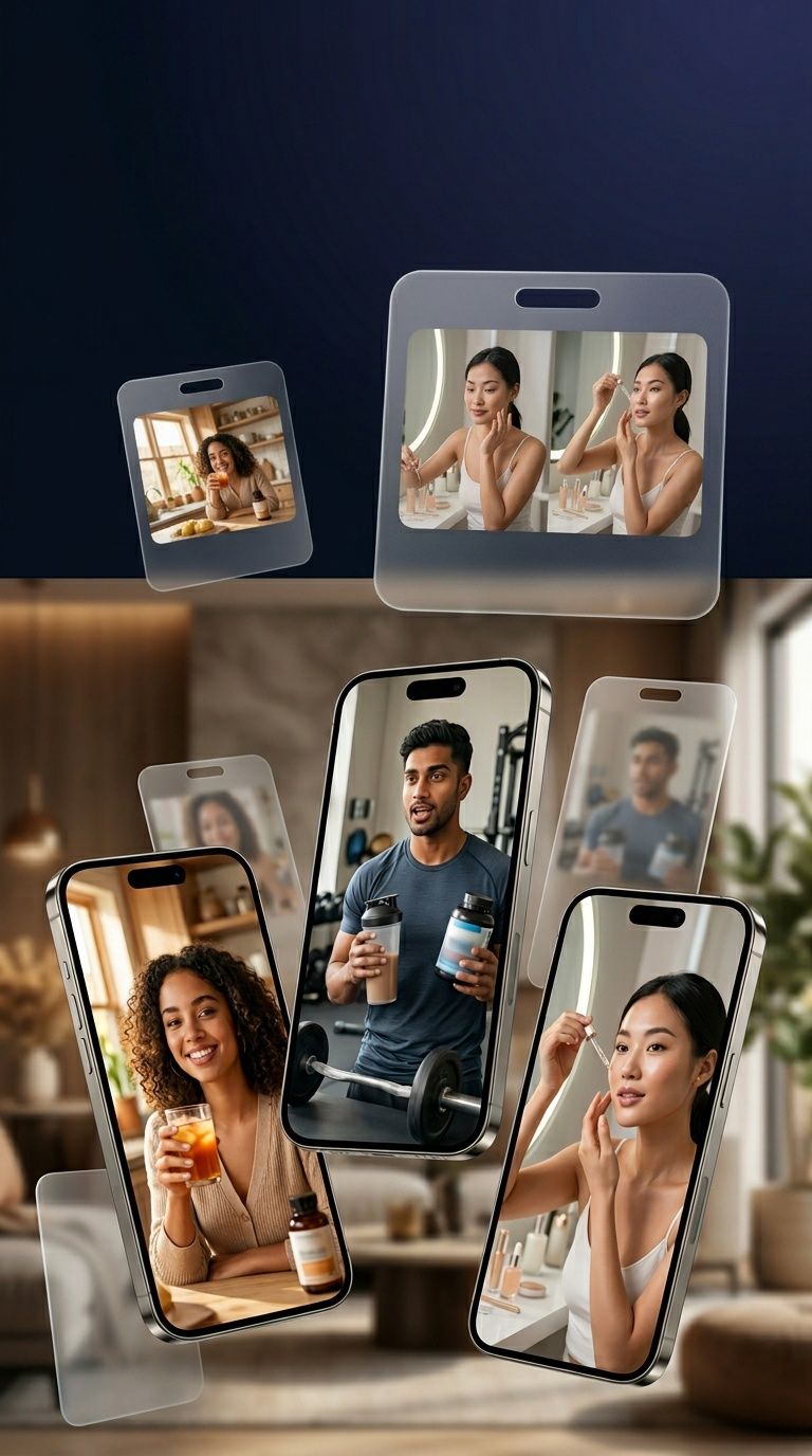 Smartphone mostrant un anunci UGC generat amb IA enmarcat en selfie amb superposició de revelació de producte