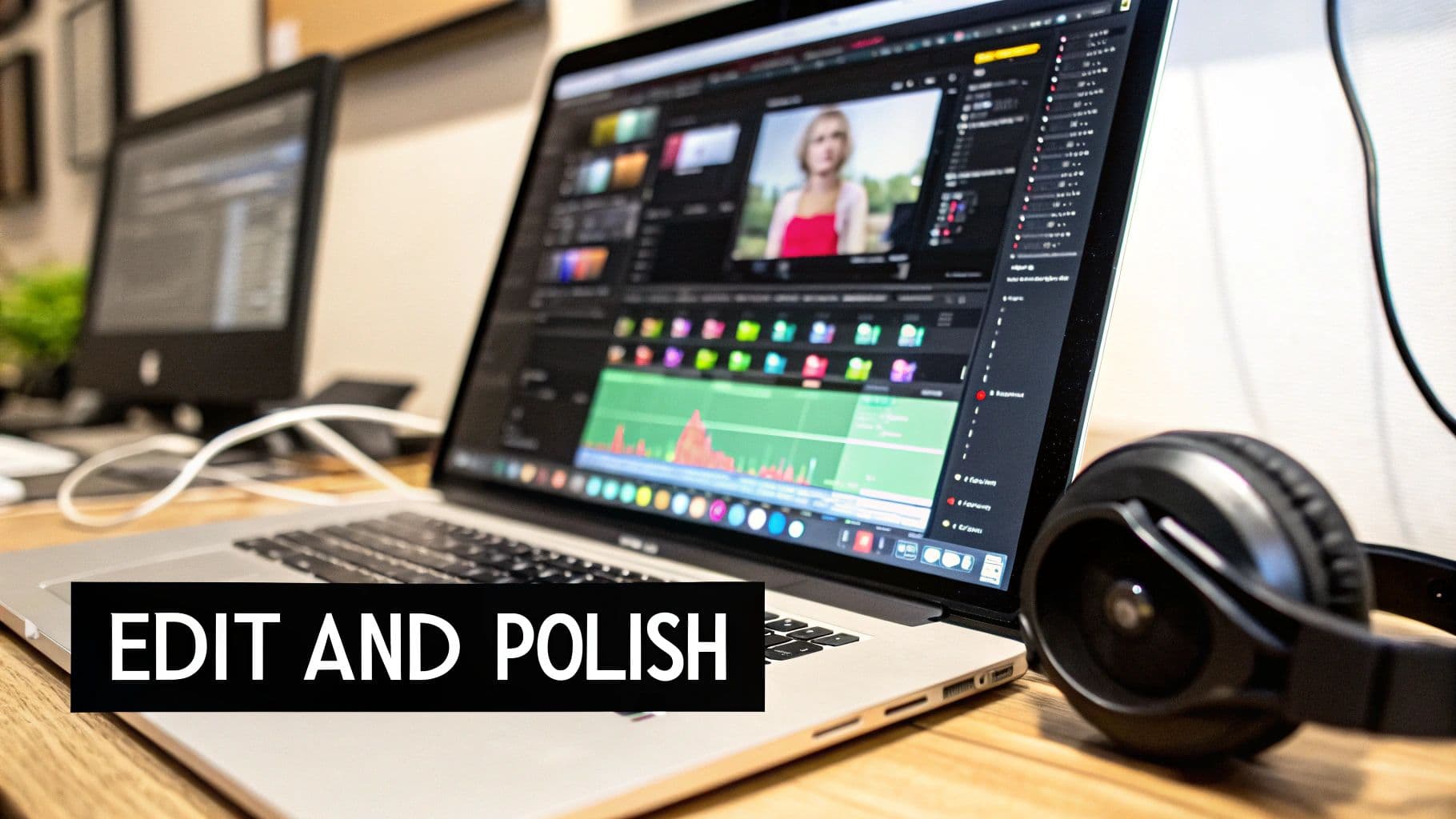 An editing timeline for an AI video, showing clips, audio tracks, and text overlays being adjusted.