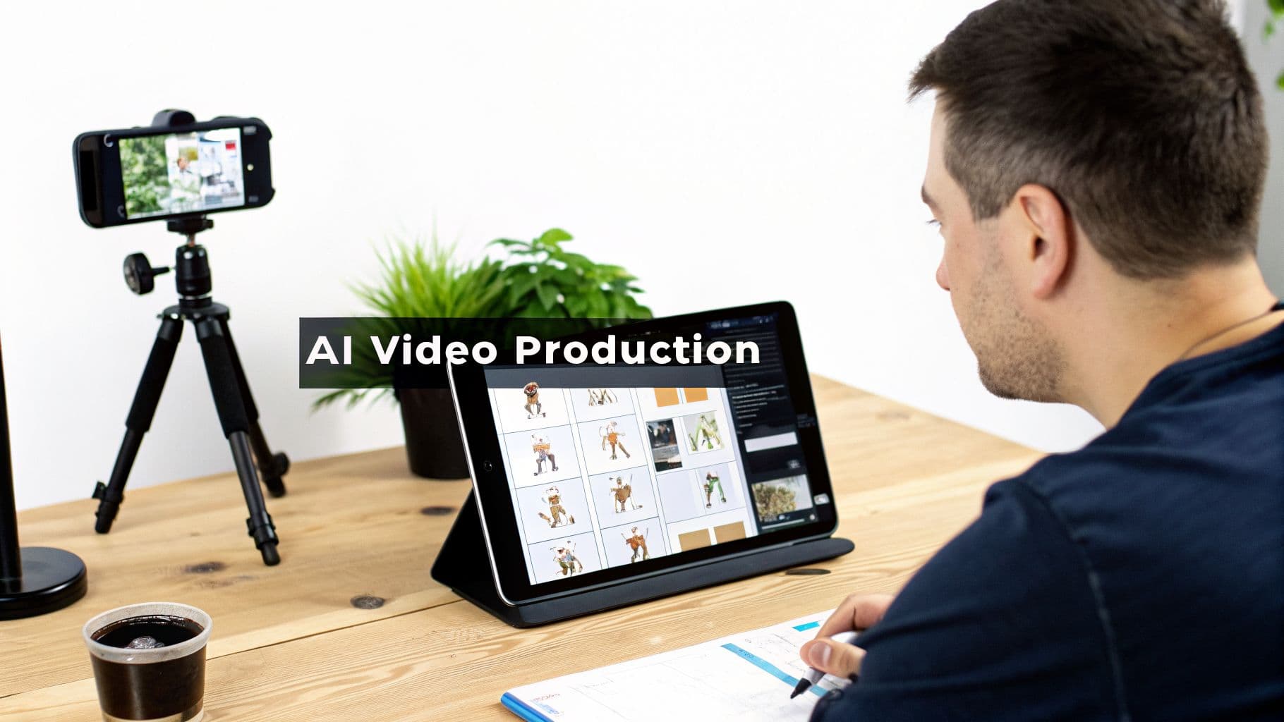Muž pracuje na „AI Video Production“ na tabletu zobrazujícím designy postav, s chytrým telefonem nahrávajícím na stativu.