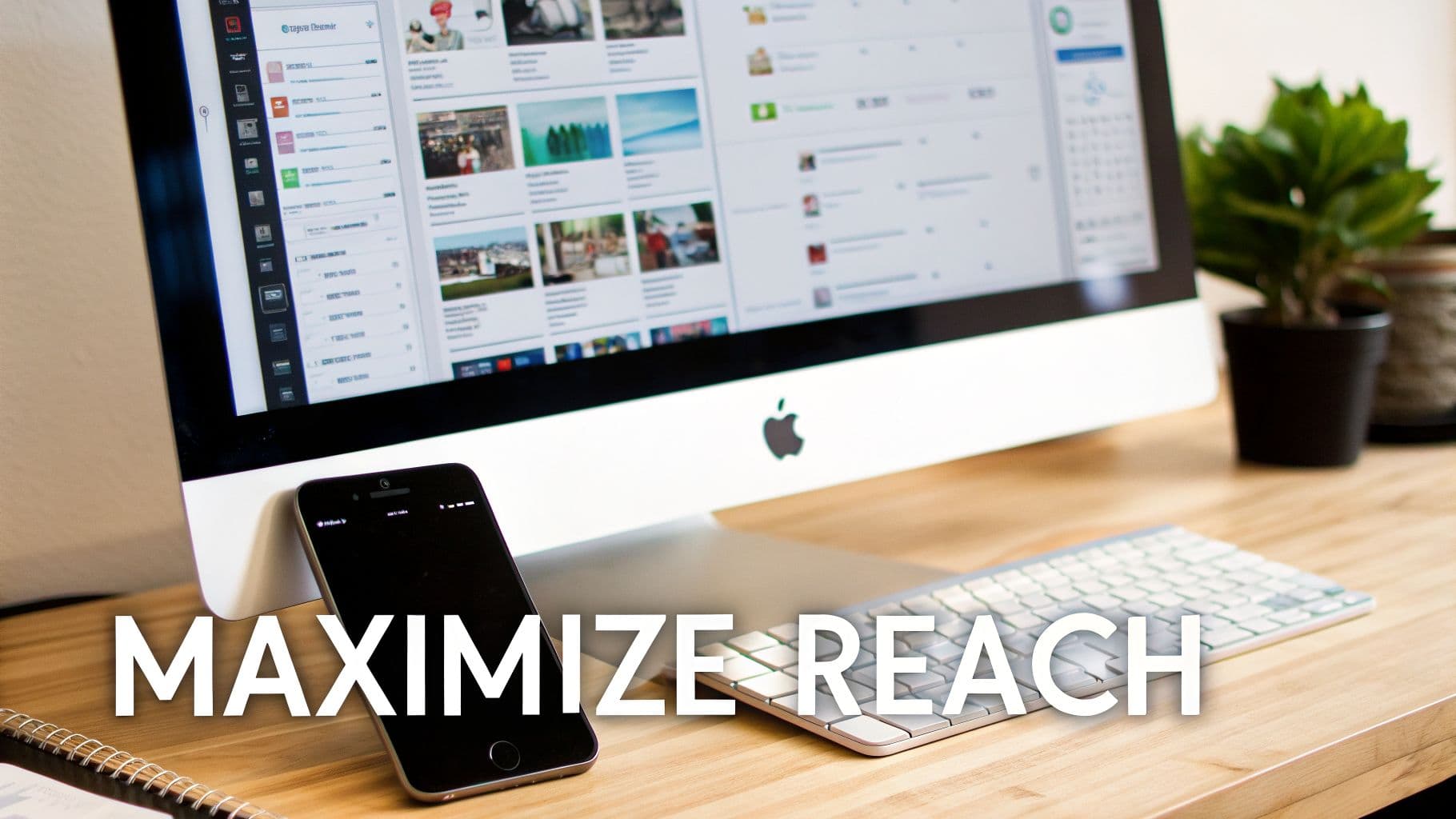 Apple iMac, iPhone a klávesnice na dřevěném stole s rostlinou, s textem „MAXIMIZE REACH“.