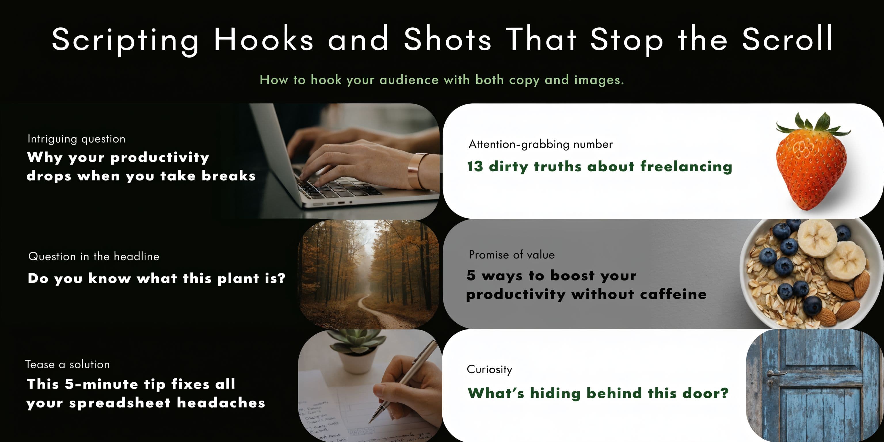 'n Grafiese ontwerp wat verskeie voorbeelde van bemarkingshake en beelde wys om oudiente-aandag te gryp terwyl jy scroll.