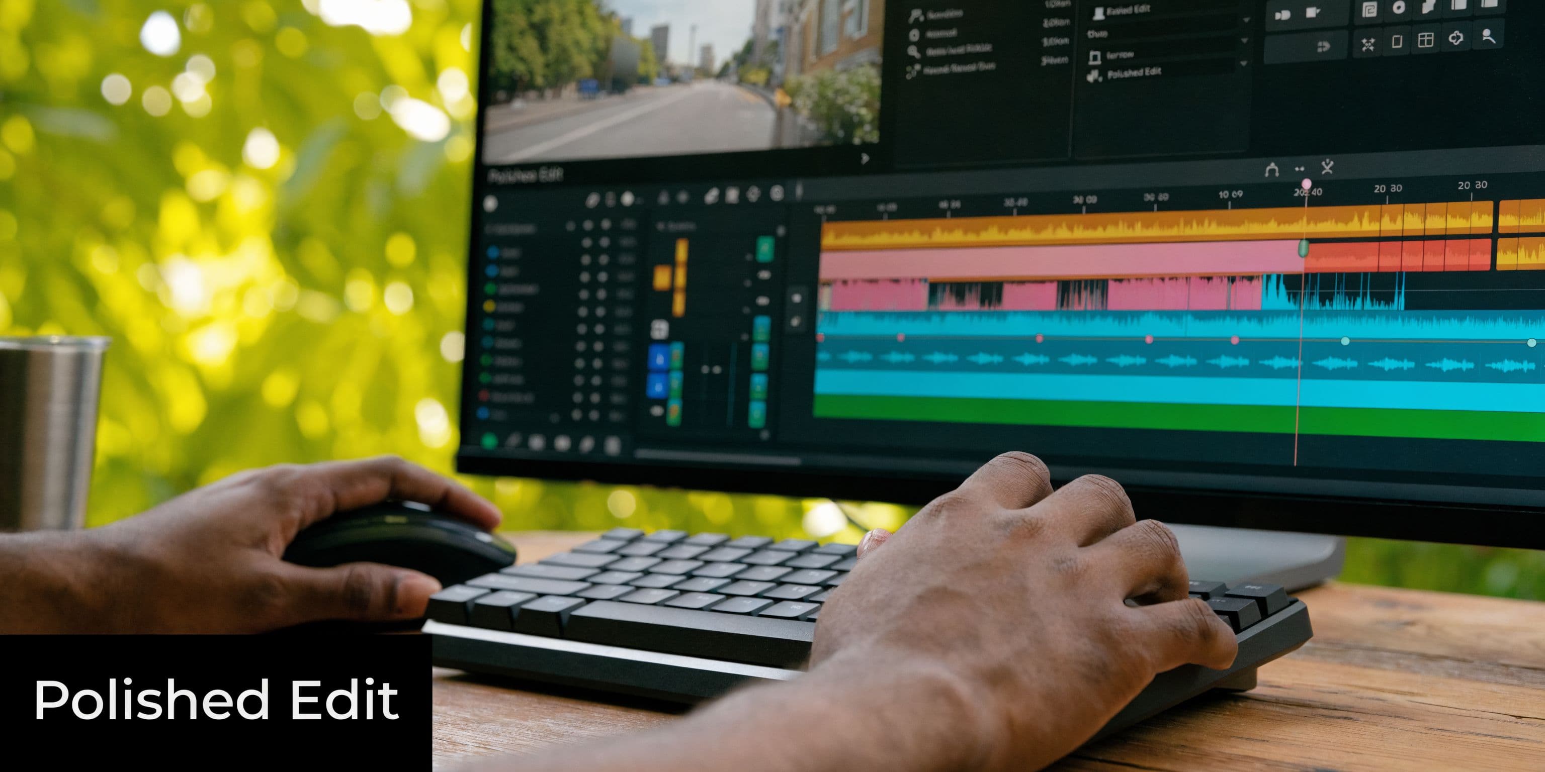 'n Close-up sig van 'n persoon se hande wat 'n professionele videoprojek op 'n rekenaarskerm redigeer.