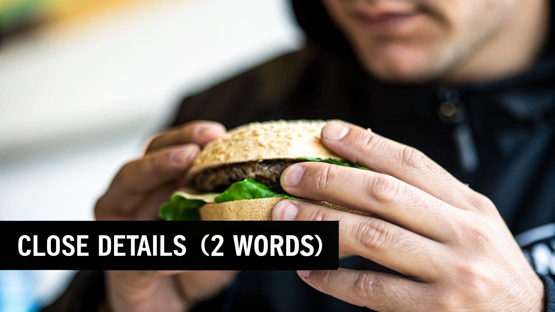 양손으로 맛있는 햄버거를 들고 있는 클로즈업 샷, 참깨 번과 신선한 상추가 보임.