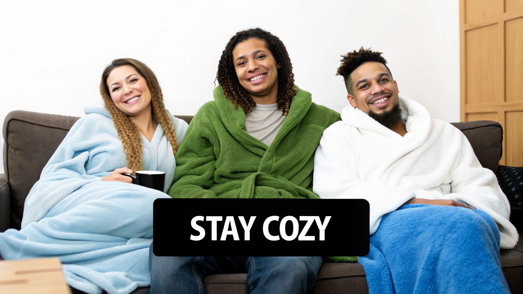 Koltukta rahatça oturan, gülümseyen üç mutlu arkadaş, rahat cüppeler ve battaniyelerle.